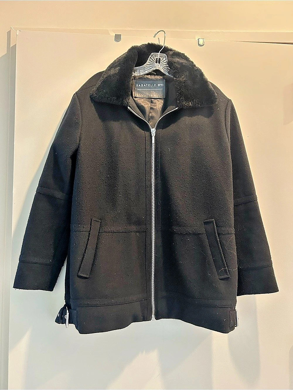 Bagatelle NYC Black Faux Fur Collar Coat with Buckle Details
